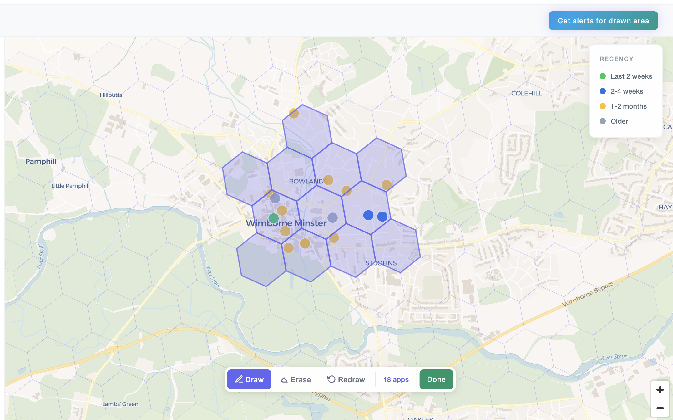 Drawing a custom alert area on the map by selecting hexagons around Wimborne Minster