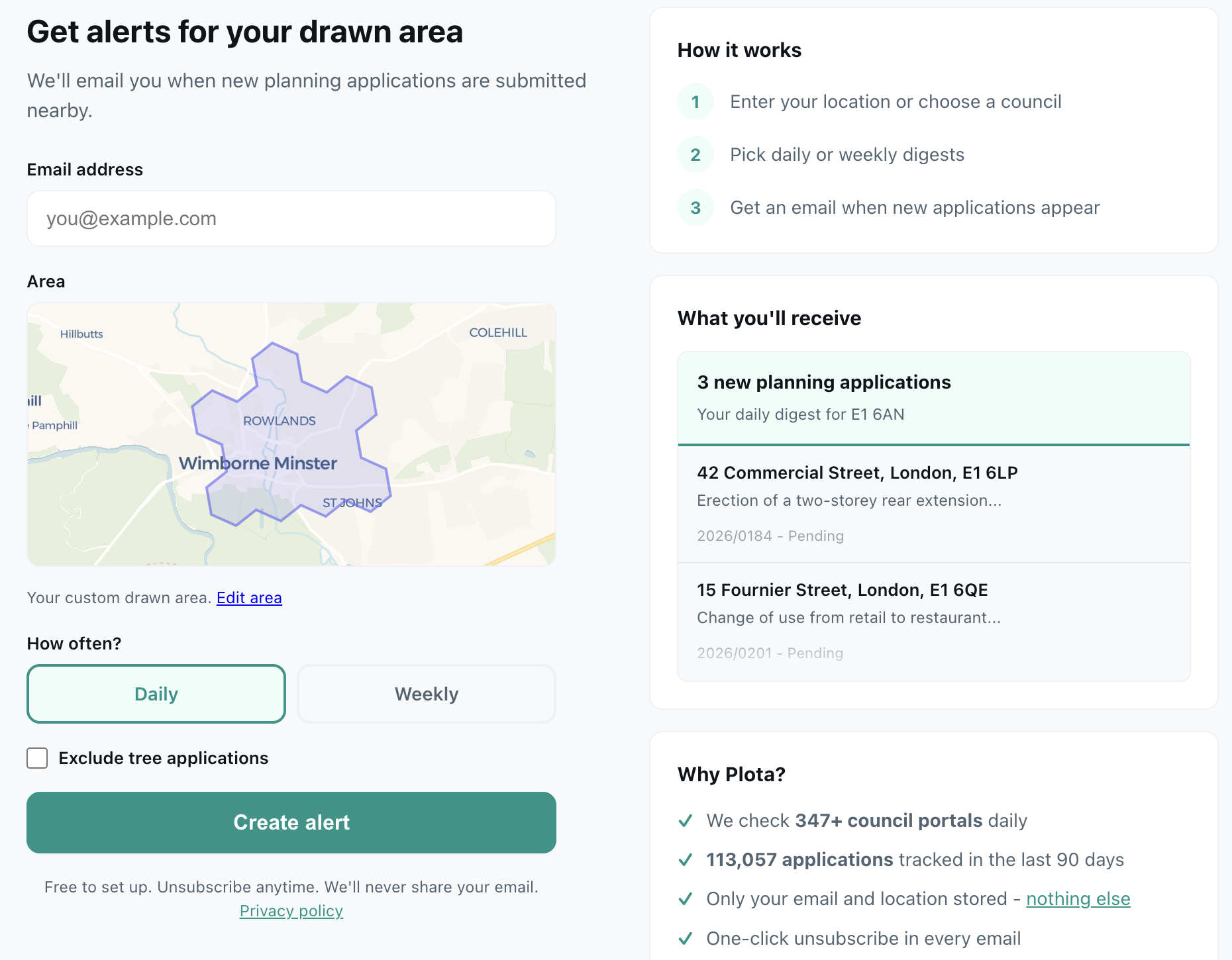 The alert signup page showing a preview of the drawn area, email input, frequency options, and a tree filter