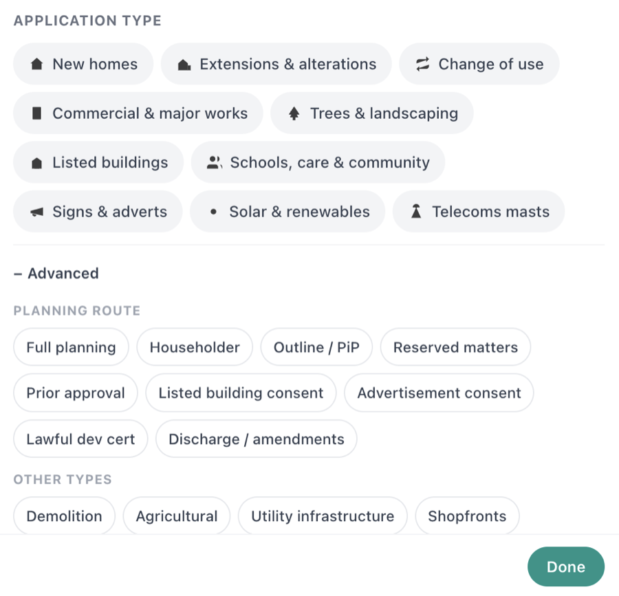 Filter dialog showing the 15 application type categories: New homes, Extensions and alterations, Change of use, Commercial and major works, Trees and landscaping, Listed buildings, Schools care and community, Signs and adverts, Solar and renewables, Telecoms masts, Admin / procedural, plus an Advanced section for planning route