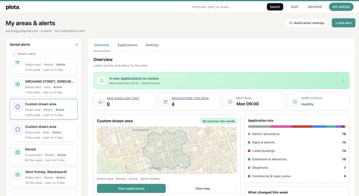 The Plota My Areas dashboard showing saved alert areas and the matched planning applications for each one.